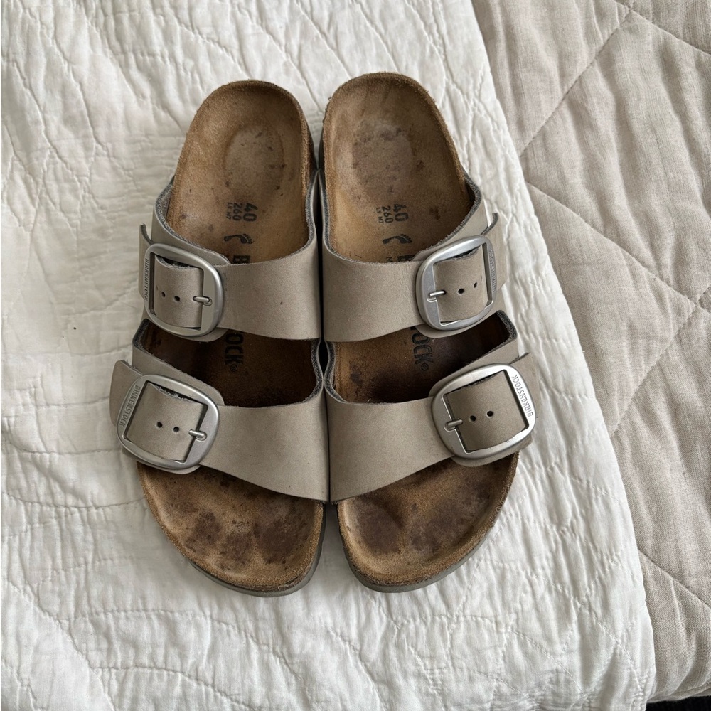 Birkenstock Grey Sandals with Large Silver Buckles